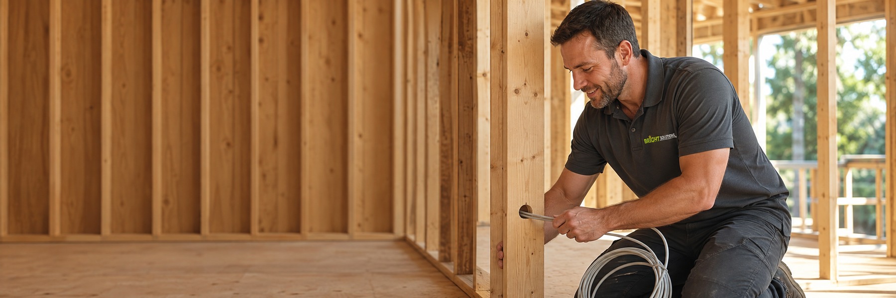 A Bright Solutions electrician feeding cable through open stud framing on a house under construction