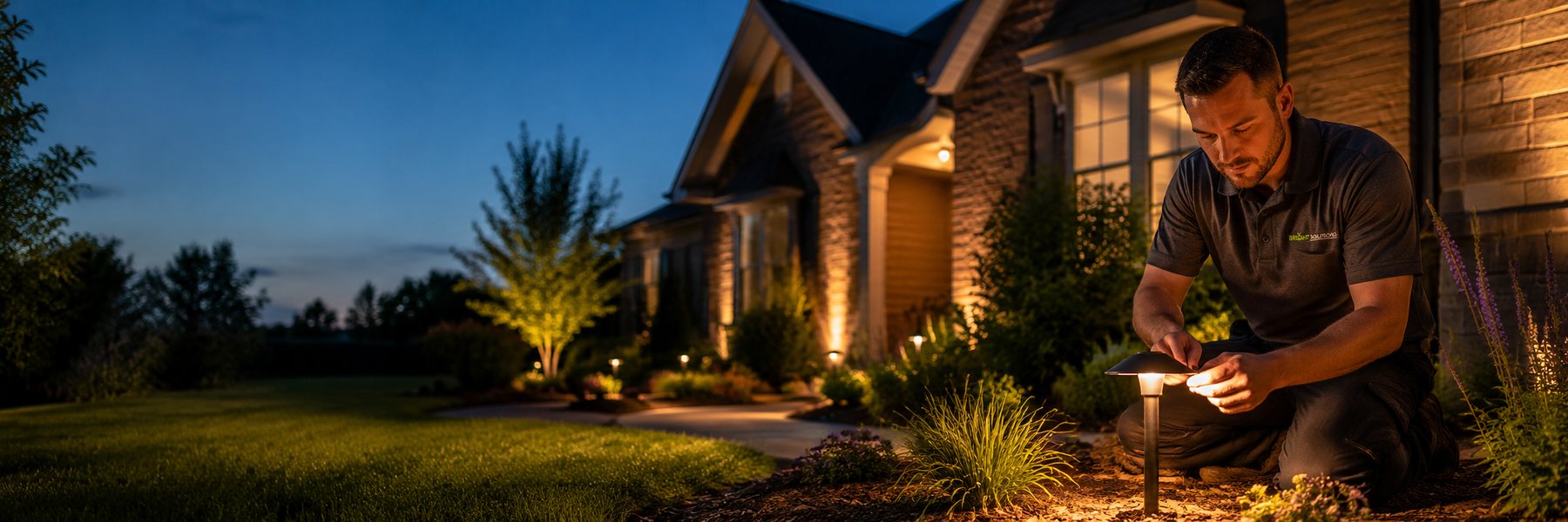 A Bright Solutions electrician kneeling to adjust a landscape path light outside a suburban Ohio home at dusk
