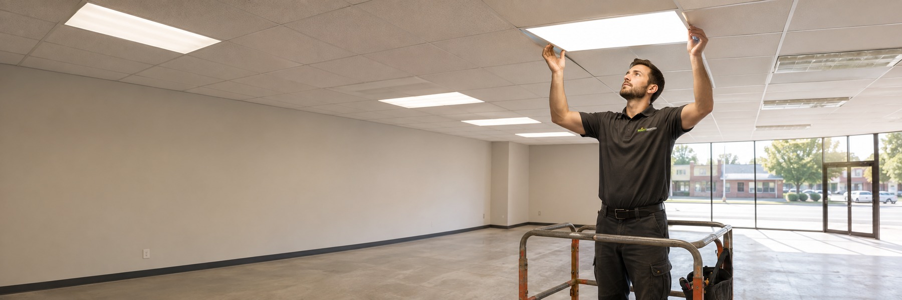 A Bright Solutions electrician on a rolling work platform fitting an LED panel into the ceiling grid of an empty retail unit