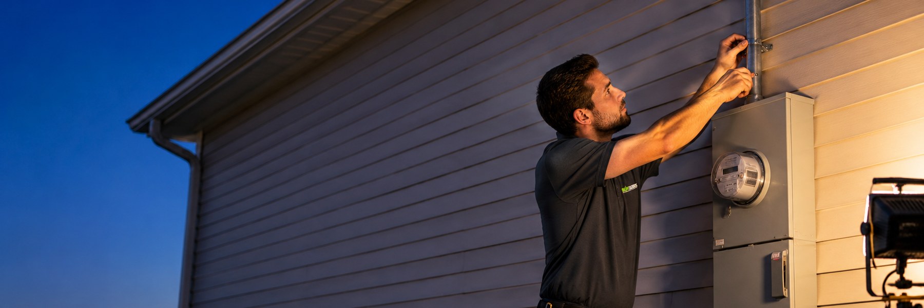 A Bright Solutions electrician installing a meter base and main disconnect on the exterior wall of a home at dusk