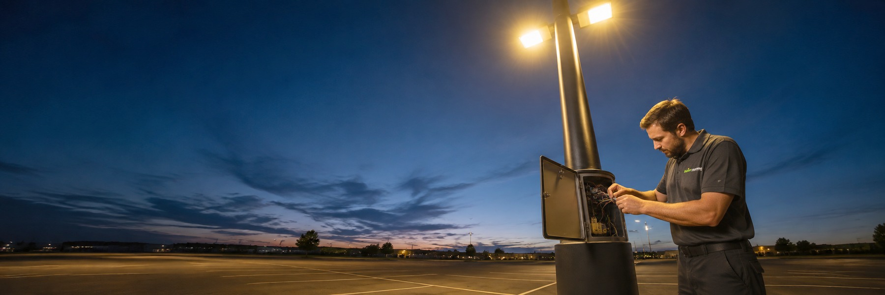 A Bright Solutions electrician wiring the base of a tall parking lot light pole at dusk