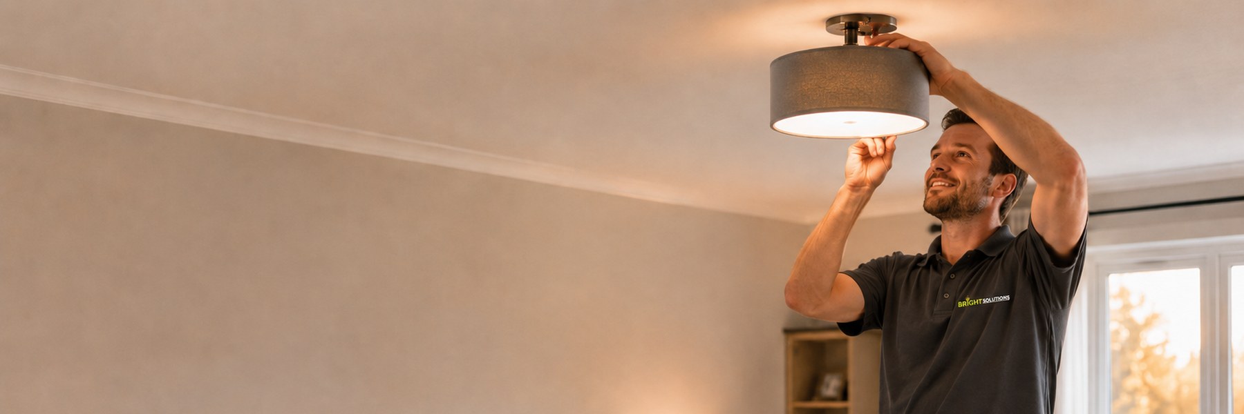 A Bright Solutions electrician on a step ladder installing a ceiling light fixture in a bright family home