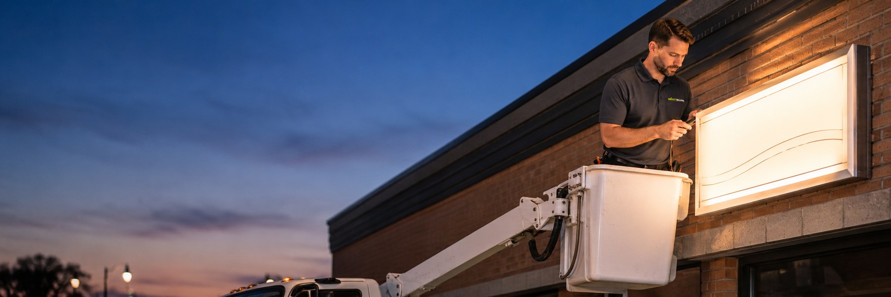 A Bright Solutions electrician working from a raised bucket truck servicing an illuminated storefront sign at dusk